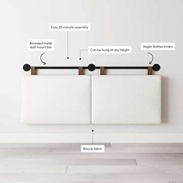 Nathan James Charlie Wall Mount Hanging Upholstered Headboard, Queen, White Boucle with Brown Faux Leather Straps