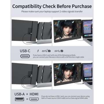 Macsecor Triple Portable Monitor for Laptop, 14.1'' 1080P FHD Dual Laptop Screen Extender USB C HDMI, Plug-Play Laptop Monitor Extender for 13''-17.3'' Laptops, for Mac/Wins/Android/Switch