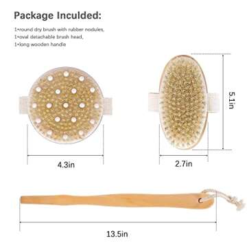 Dry Brushing Body Brush Set of 2, Natural Bristle Dry Skin Exfoliating Brush, Long Handle Back Scrubber for Shower, Dry Brush for Cellulite and Lymphatic Massage, Improve Blood Circulation