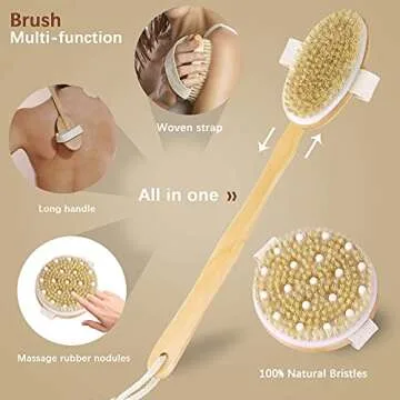 Dry Brushing Body Brush Set of 2, Natural Bristle Dry Skin Exfoliating Brush, Long Handle Back Scrubber for Shower, Dry Brush for Cellulite and Lymphatic Massage, Improve Blood Circulation