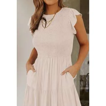 ZESICA Women's 2025 Summer Casual Flutter Short Sleeve Crew Neck Smocked Elastic Waist Tiered Midi Dress,Apricot,Large