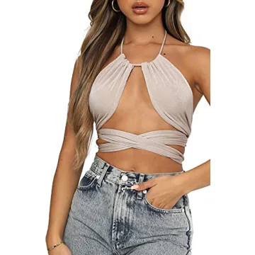 WAYMODE Sexy Sleeveless Halter Lace Up Crop Top