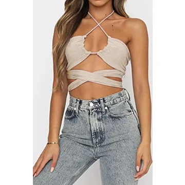 WAYMODE Sexy Sleeveless Halter Lace Up Crop Top