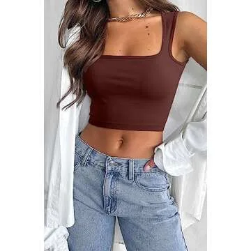 Meyeeka Women's Summer Cropped Tank Basic Sleeveless Square Neck Fitted Seamless Yoga Cute Crop Tops Cinnamon M