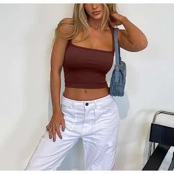 Meyeeka Women's Summer Cropped Tank Basic Sleeveless Square Neck Fitted Seamless Yoga Cute Crop Tops Cinnamon M