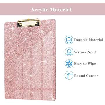 WAVEYU Acrylic Clipboard, Glitter Pink Clipboard for Women Girls, Stardard Letter Size Clipboard with Low Profile Gold Clip Designed for Classroom School and Office Use, A4 Size 12.5" x 9", Rose Gold