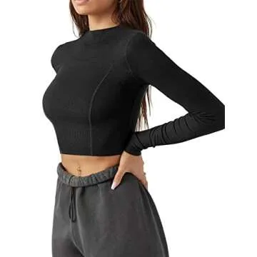 LASLULU Womens Long Sleeve Crop Tops Cropped Sweatshirts Slim Fit Workout Yoga Sports Tops Pullover Fall Tops Outwear(Black Small)