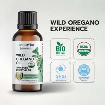 AROMAVITA Wild Oregano Oil Organic - 100% Pure Undiluted Organic Wild Oregano Oil with 86-90% Carvacrol, Immune Support - Plant-Based, Herbal Supplement - Vegan, Non GMO, Gluten Free, 1fl.oz/30ml