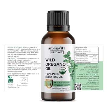 AROMAVITA Wild Oregano Oil Organic - 100% Pure Undiluted Organic Wild Oregano Oil with 86-90% Carvacrol, Immune Support - Plant-Based, Herbal Supplement - Vegan, Non GMO, Gluten Free, 1fl.oz/30ml