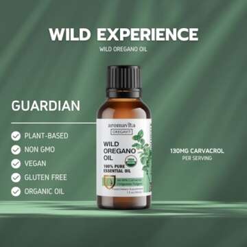 AROMAVITA Wild Oregano Oil Organic - 100% Pure Undiluted Organic Wild Oregano Oil with 86-90% Carvacrol, Immune Support - Plant-Based, Herbal Supplement - Vegan, Non GMO, Gluten Free, 1fl.oz/30ml