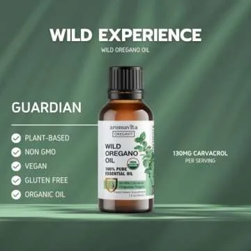 AROMAVITA Wild Oregano Oil Organic - 100% Pure Undiluted Organic Wild Oregano Oil with 86-90% Carvacrol, Immune Support - Plant-Based, Herbal Supplement - Vegan, Non GMO, Gluten Free, 1fl.oz/30ml