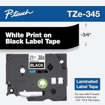 Brother Genuine P-Touch TZE-345 Tape, 3/4" (18 mm) Standard Laminated P-Touch Tape, White on Black, Laminated for Indoor or Outdoor Use, Water-Resistant, 26.2 ft (8 m), Single-Pack