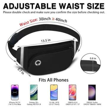 TORRYZA Fanny Packs for Women Men, Waterproof Waist Pack with Reflective Strip, Lightweight Slim Belt Bag with No-Bounce Adjustable Strap Running Travel Hiking Walking Sport(Black)