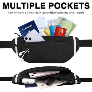 TORRYZA Fanny Packs for Women Men, Waterproof Waist Pack with Reflective Strip, Lightweight Slim Belt Bag with No-Bounce Adjustable Strap Running Travel Hiking Walking Sport(Black)