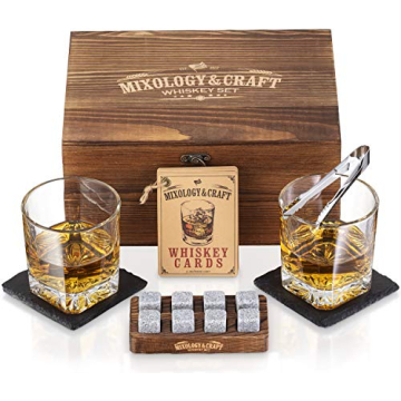 Mixology Whiskey Stones Gift Set for Men - Pack of 2, 10 oz Whiskey Glasses w/ 8 Granite Chilling Ro...