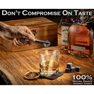 Mixology Whiskey Stones Gift Set for Men - Pack of 2, 10 oz Whiskey Glasses w/ 8 Granite Chilling Rocks, 2 Coasters, Metal Tong & Cocktail Cards in Wooden Box - Square