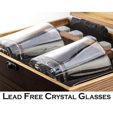 Mixology Whiskey Stones Gift Set for Men - Pack of 2, 10 oz Whiskey Glasses w/ 8 Granite Chilling Rocks, 2 Coasters, Metal Tong & Cocktail Cards in Wooden Box - Square