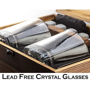 Mixology Whiskey Stones Gift Set for Men - Pack of 2, 10 oz Whiskey Glasses w/ 8 Granite Chilling Rocks, 2 Coasters, Metal Tong & Cocktail Cards in Wooden Box - Square