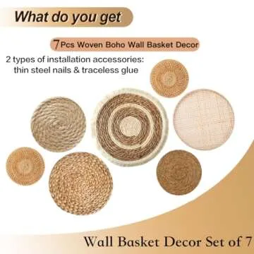 ALYBSOO Boho Wall Basket Decor set of 7, Woven Seagrass Wicker Rattan Flat Baskets Wall Hanging Decor, Handmade African Round Wall Baskets Decor, for Living Rooms, Bedrooms