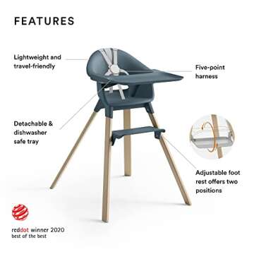 Stokke Clikk High Chair, Fjord Blue - All-in-One High Chair with Tray + Harness - Light, Durable & T...