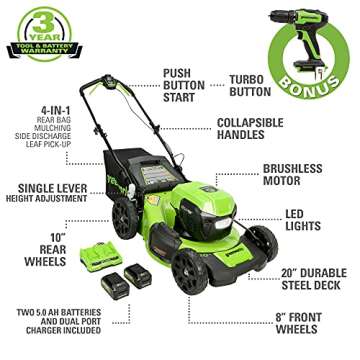 Greenworks 48V (2 x 24V) 20" Brushless Cordless Self-Propelled Lawn Mower + 24V Brushless Drill / Driver, (2) 5.0Ah USB Batteries (USB Hub) and Dual Port Rapid Charger Included