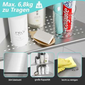 Qeke Corner Shower Shelves, 10” Recessed Tile Shower Shelf Brushed Nickel, 304 Stainless Steel Grout in Corner Tile Shower Shelves, No Drilling, 2 Pack