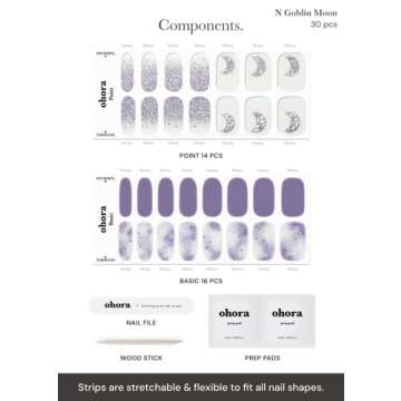 ohora Semi Cured Gel Nail Strips (N Goblin Moon) - Purple, Patterned, Works with UV/LED Lamps, Salon-Quality, Easy to Apply & Remove - Valentine's Day Gel Nail Wraps, Stickers, Romantic Gift Ideas