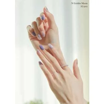 ohora Semi Cured Gel Nail Strips (N Goblin Moon) - Purple, Patterned, Works with UV/LED Lamps, Salon-Quality, Easy to Apply & Remove - Valentine's Day Gel Nail Wraps, Stickers, Romantic Gift Ideas