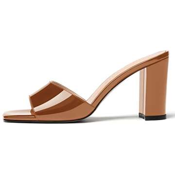 WAYDERNS Women's Brown Slip On Patent Dating Open Toe Fashion Square Toe High Heel Solid Block 3.3 Inch Heeled Sandals Size 9.5 - Zapatos de Mujer de Vestir Tacon Bajo