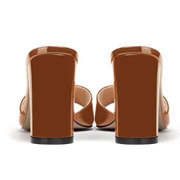 WAYDERNS Women's Brown Slip On Patent Dating Open Toe Fashion Square Toe High Heel Solid Block 3.3 Inch Heeled Sandals Size 9.5 - Zapatos de Mujer de Vestir Tacon Bajo