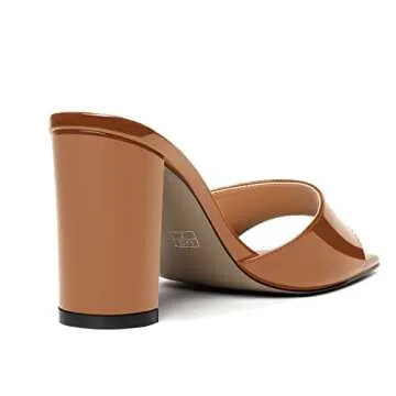 WAYDERNS Women's Brown Slip On Patent Dating Open Toe Fashion Square Toe High Heel Solid Block 3.3 Inch Heeled Sandals Size 9.5 - Zapatos de Mujer de Vestir Tacon Bajo