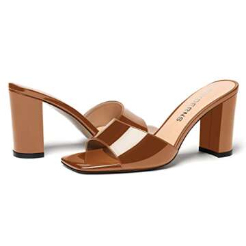 WAYDERNS Women's Brown Slip On Patent Dating Open Toe Fashion Square Toe High Heel Solid Block 3.3 Inch Heeled Sandals Size 9.5 - Zapatos de Mujer de Vestir Tacon Bajo