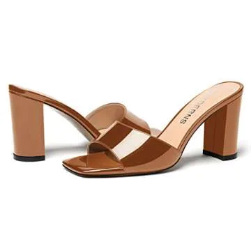 WAYDERNS Women's Brown Slip On Patent Dating Open Toe Fashion Square Toe High Heel Solid Block 3.3 Inch Heeled Sandals Size 9.5 - Zapatos de Mujer de Vestir Tacon Bajo