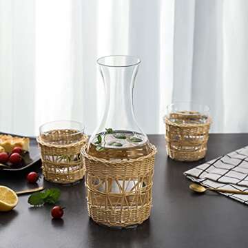 1500 C Tabletop Bedside Night Water Carafe Set 1 Pitcher 48.3 oz. with 2 cups 12.8 oz. Glass Nightstand Water Drinkware Set with Removable Hand Woven Rattan, Use Cup as Lid, Clear