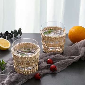 1500 C Tabletop Bedside Night Water Carafe Set 1 Pitcher 48.3 oz. with 2 cups 12.8 oz. Glass Nightstand Water Drinkware Set with Removable Hand Woven Rattan, Use Cup as Lid, Clear