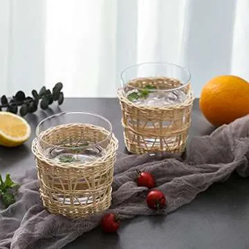 1500 C Tabletop Bedside Night Water Carafe Set 1 Pitcher 48.3 oz. with 2 cups 12.8 oz. Glass Nightstand Water Drinkware Set with Removable Hand Woven Rattan, Use Cup as Lid, Clear