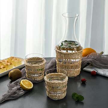 1500 C Tabletop Bedside Night Water Carafe Set 1 Pitcher 48.3 oz. with 2 cups 12.8 oz. Glass Nightstand Water Drinkware Set with Removable Hand Woven Rattan, Use Cup as Lid, Clear