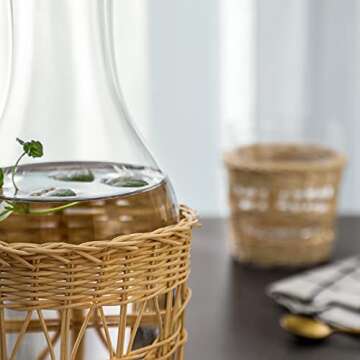 1500 C Tabletop Bedside Night Water Carafe Set 1 Pitcher 48.3 oz. with 2 cups 12.8 oz. Glass Nightstand Water Drinkware Set with Removable Hand Woven Rattan, Use Cup as Lid, Clear