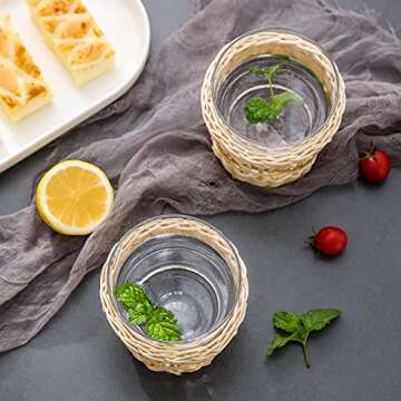 1500 C Tabletop Bedside Night Water Carafe Set 1 Pitcher 48.3 oz. with 2 cups 12.8 oz. Glass Nightstand Water Drinkware Set with Removable Hand Woven Rattan, Use Cup as Lid, Clear