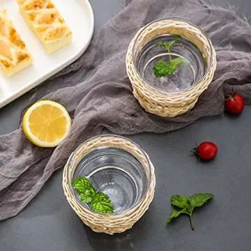 1500 C Tabletop Bedside Night Water Carafe Set 1 Pitcher 48.3 oz. with 2 cups 12.8 oz. Glass Nightstand Water Drinkware Set with Removable Hand Woven Rattan, Use Cup as Lid, Clear