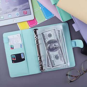 Antner A6 Budget Binder with Zipper Cash Envelopes for Money Organizer & Budgeting, PU Budget Planner Money Saving Binder with Cash Stuffing Envelopes & Labels for Home Office Travel, Mint Blue