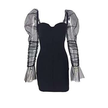 Uni Clau Women Sexy Mesh Sheer Puff Long Sleeve Mini Dress Bodycon Deep V Neck Patchwork Party Clubwear Dress Black S