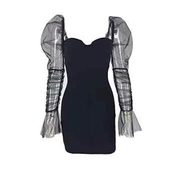 Uni Clau Women Sexy Mesh Sheer Puff Long Sleeve Mini Dress Bodycon Deep V Neck Patchwork Party Clubwear Dress Black S