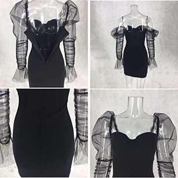 Uni Clau Women Sexy Mesh Sheer Puff Long Sleeve Mini Dress Bodycon Deep V Neck Patchwork Party Clubwear Dress Black S