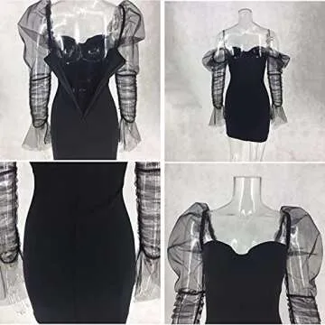 Uni Clau Women Sexy Mesh Sheer Puff Long Sleeve Mini Dress Bodycon Deep V Neck Patchwork Party Clubwear Dress Black S
