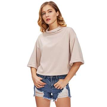SweatyRocks Women's 3/4 Sleeve Mock Neck Basic Loose T-Shirt Elegant Top Apricot Small