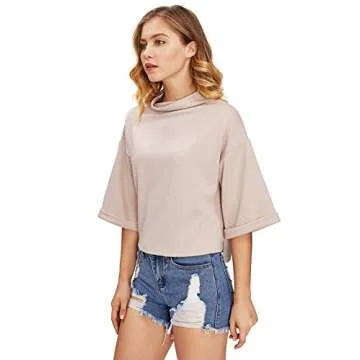 SweatyRocks Women's 3/4 Sleeve Mock Neck Basic Loose T-Shirt Elegant Top Apricot Small