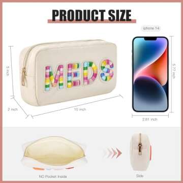 uekeboag Personalized Chenille Letter Patch MEDS Bag,Cute Nylon Drug Medicine Travel Makeup Bag with Zipper, Preppy Vitamin Organizer Bag for Women and Girls (01Beige-Rainbow)