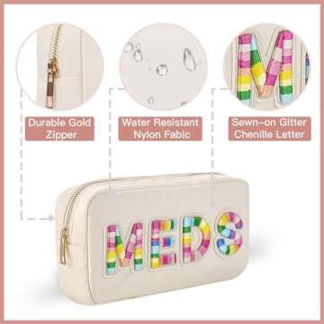uekeboag Personalized Chenille Letter Patch MEDS Bag,Cute Nylon Drug Medicine Travel Makeup Bag with Zipper, Preppy Vitamin Organizer Bag for Women and Girls (01Beige-Rainbow)