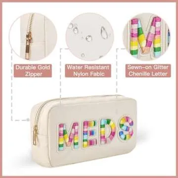 uekeboag Personalized Chenille Letter Patch MEDS Bag,Cute Nylon Drug Medicine Travel Makeup Bag with Zipper, Preppy Vitamin Organizer Bag for Women and Girls (01Beige-Rainbow)